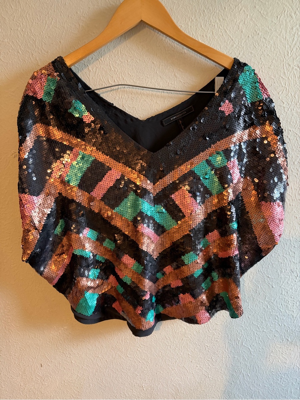 BCBGMaxAzria Sequined Chevron V-Neck Top in Black, Pink & Teal
